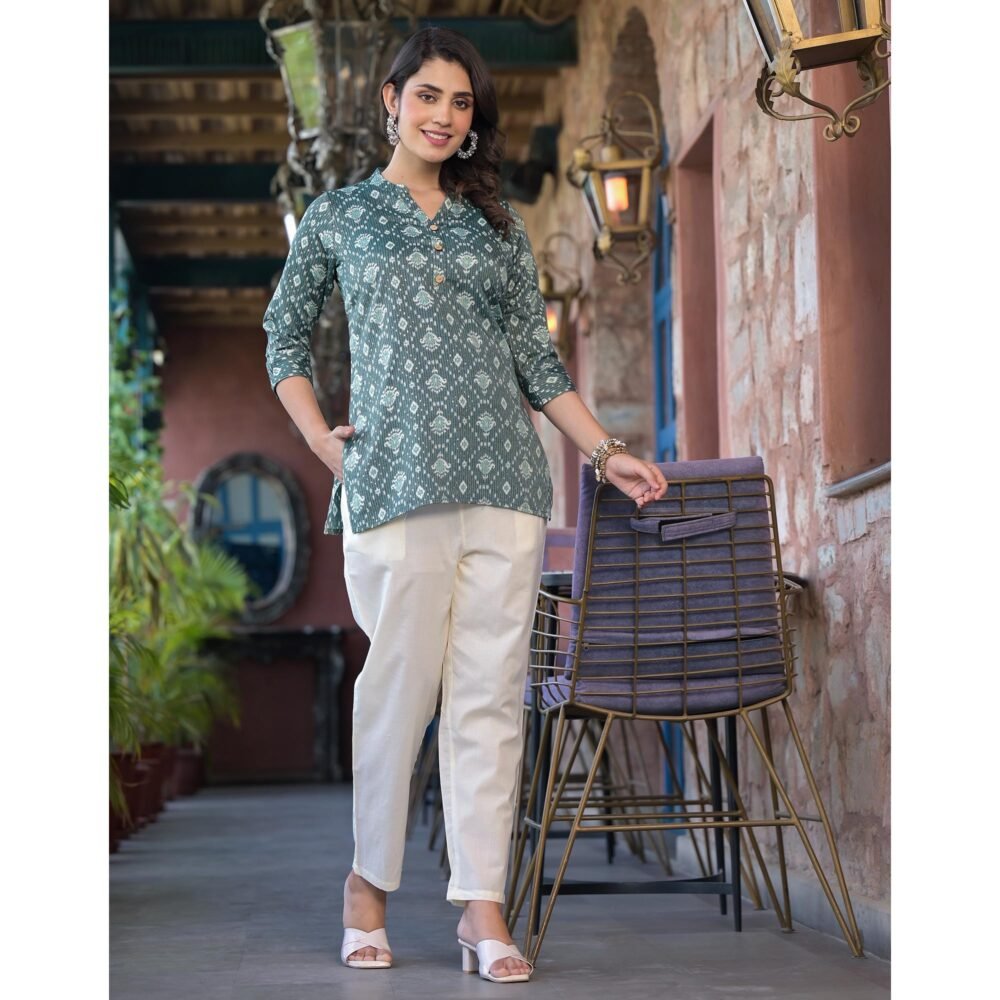 Sea Green Floral Printed Rayon Straight Top - Image 7
