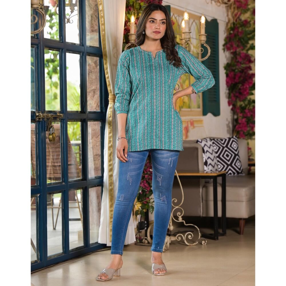 Turquoise Printed Pure Cotton Top - Image 7
