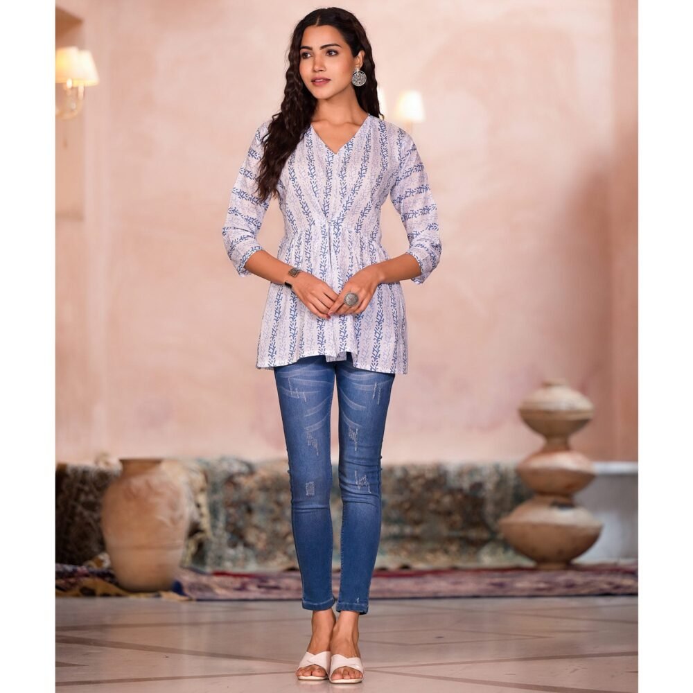 White & Blue Printed Pure Cotton A-Line Top - Image 6