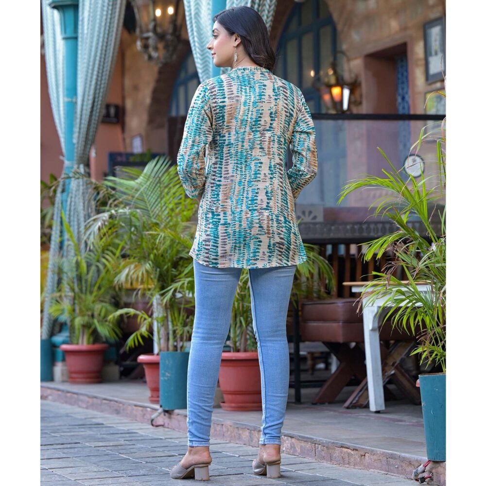 Turquoise Foil Printed Pure Cotton A-Line Top - Image 6