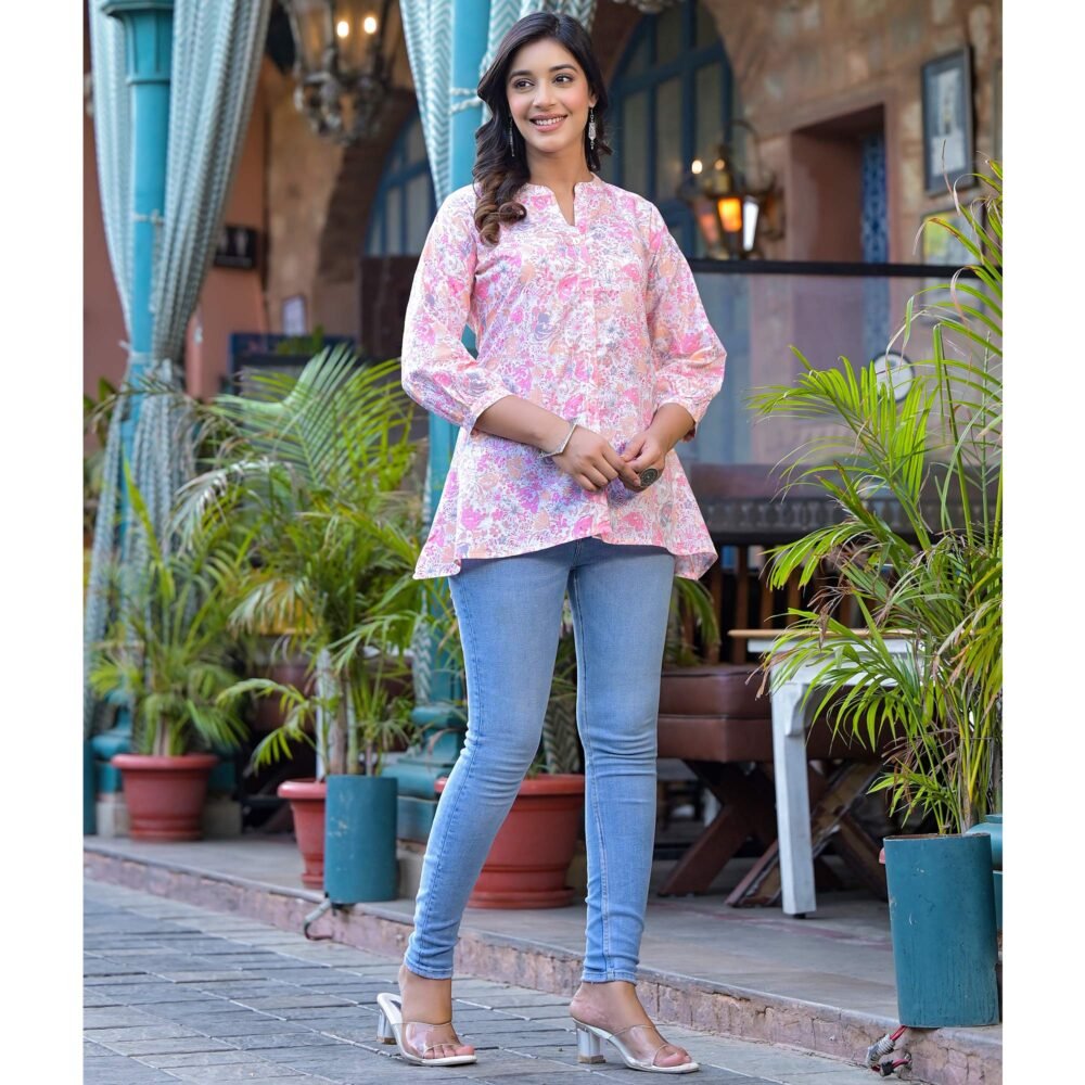 Pink Floral Printed Pure Cotton A-Line Top - Image 6