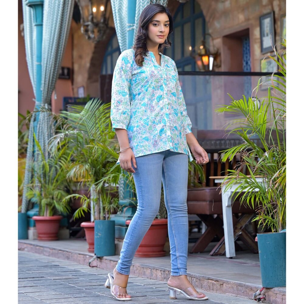 Sky Blue Floral Printed Pure Cotton A-Line Top - Image 6
