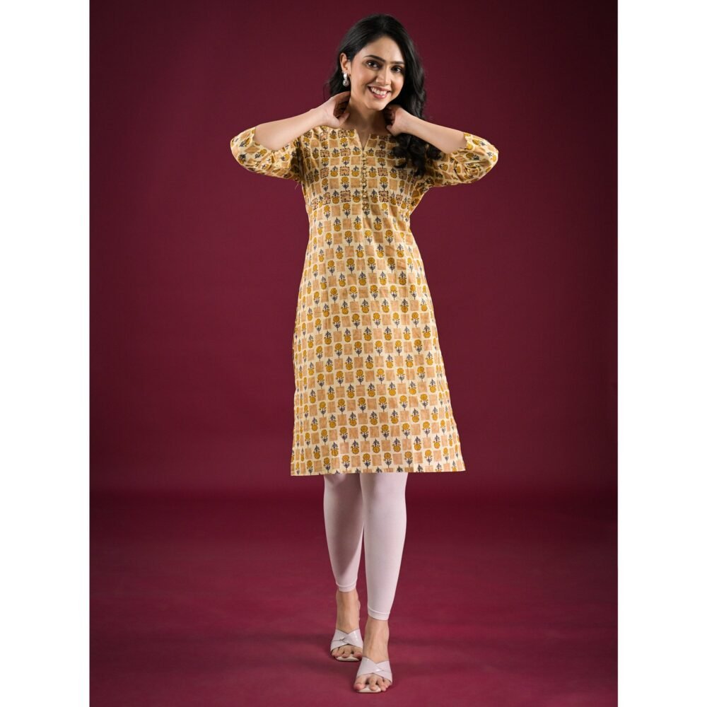Mustard Floral Printed Pure Cotton Straight Kurti - Image 6