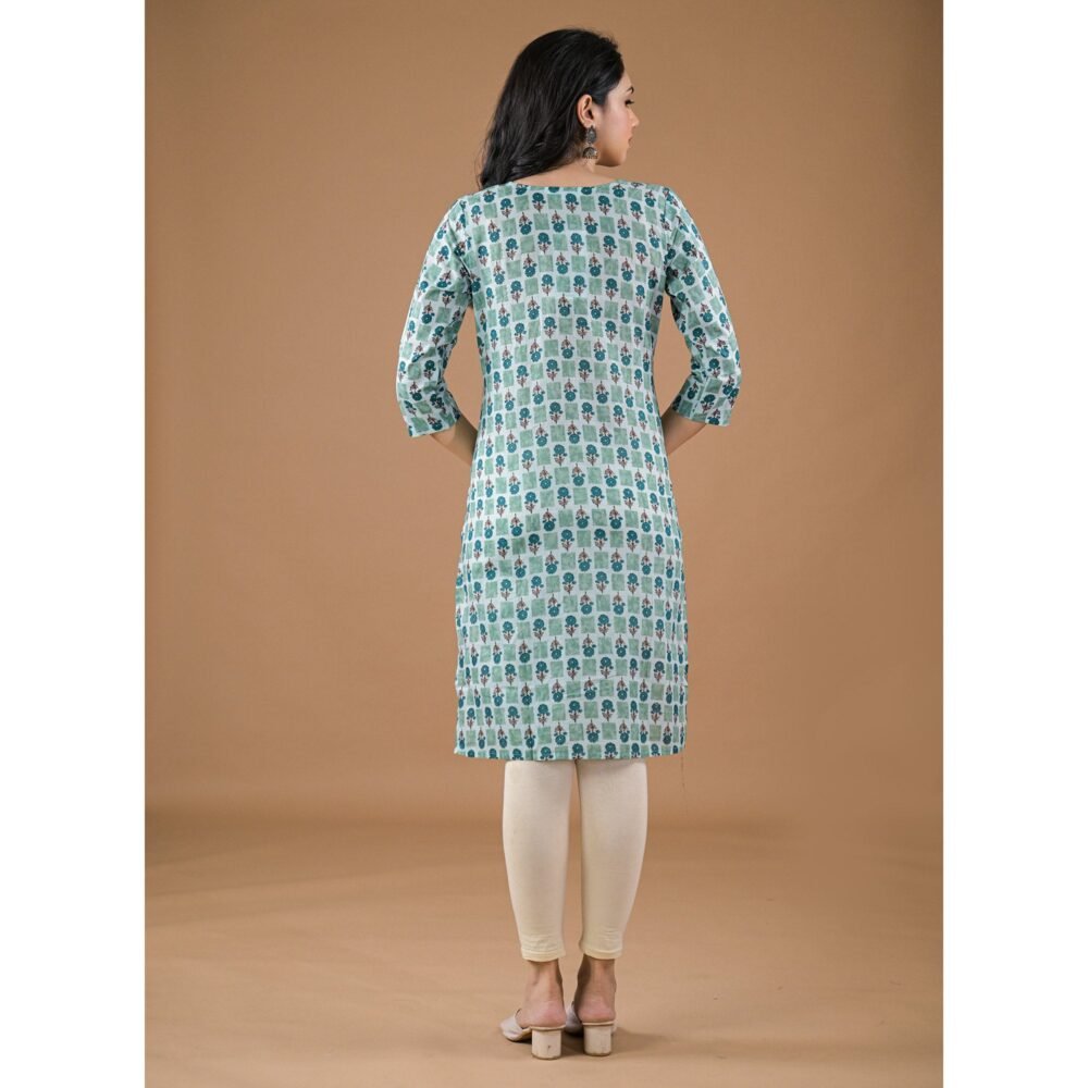 Sea Green Floral Printed Pure Cotton Straight Kurti - Image 6
