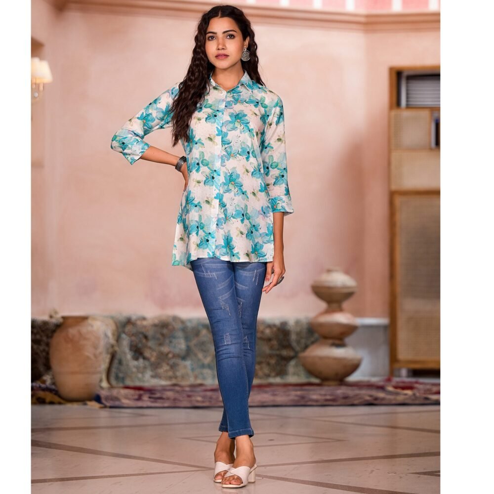 Turquoise Floral Printed Muslin Top - Image 6