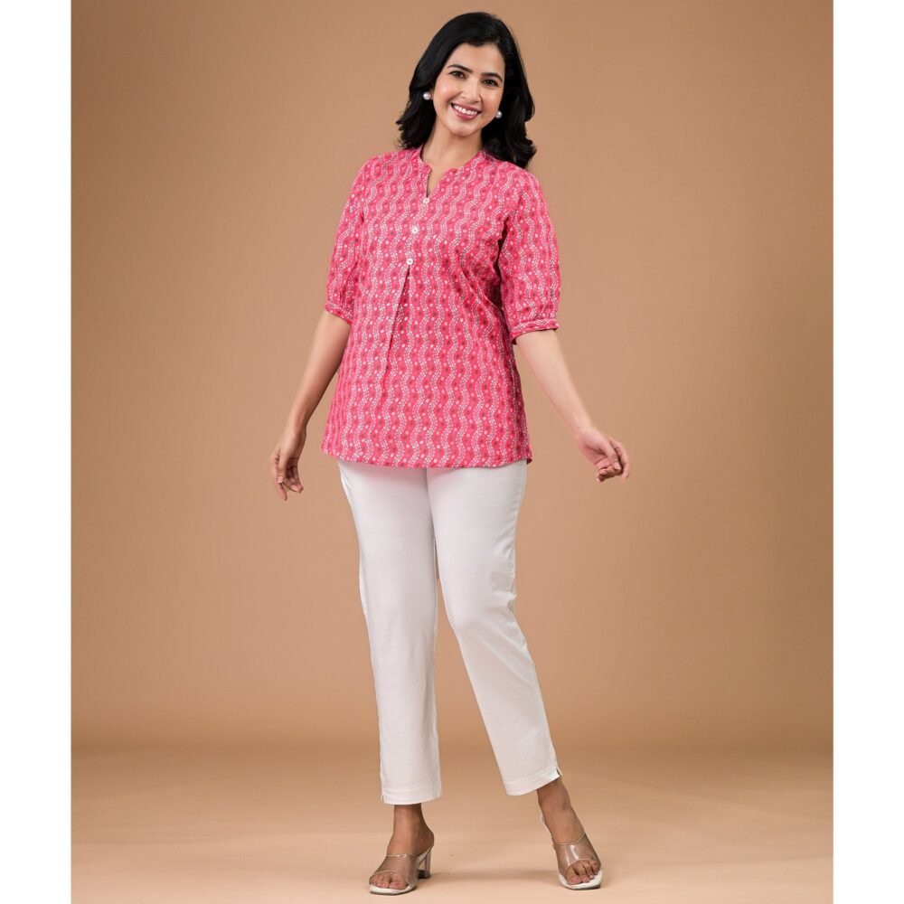 Pink Foil Printed Pure Cotton A-Line Top - Image 6