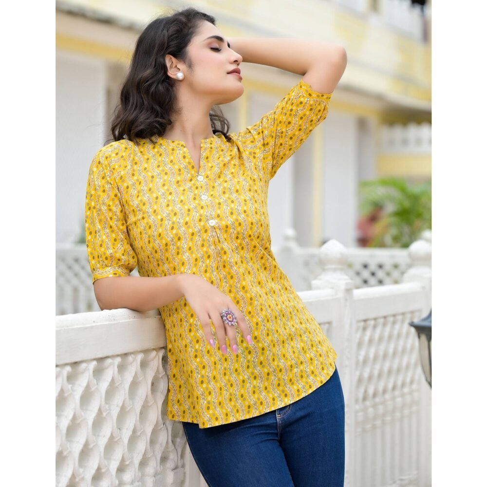 Yellow Foil Printed Pure Cotton A-Line Top - Image 6