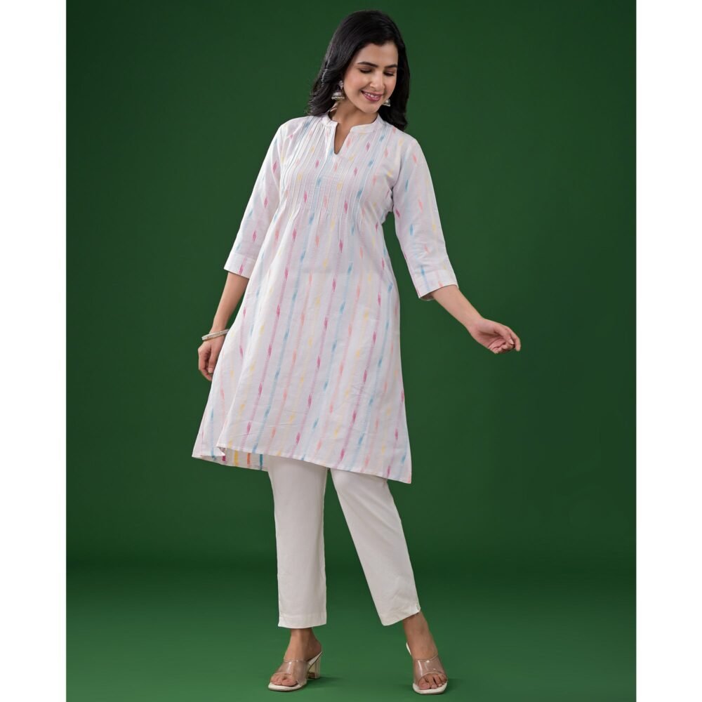 White Printed Pure Cotton A-Line Kurti - Image 6
