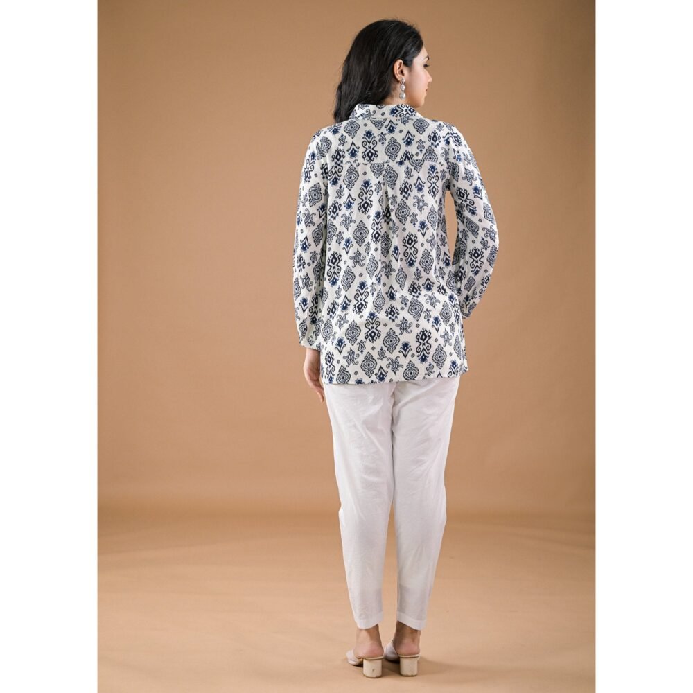 White & Blue Floral Printed Rayon Top - Image 6