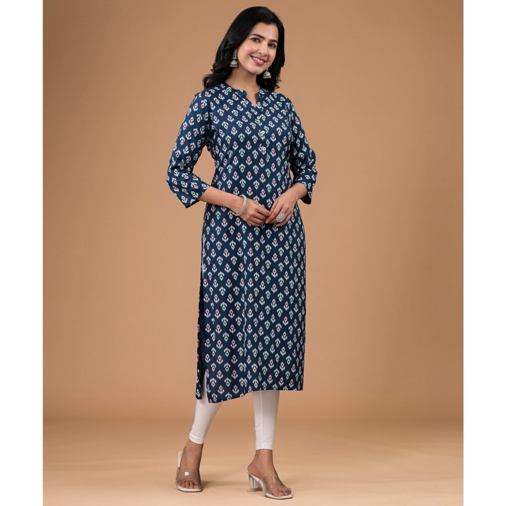 Navy Blue Rayon Printed Straight Kurti - Image 6