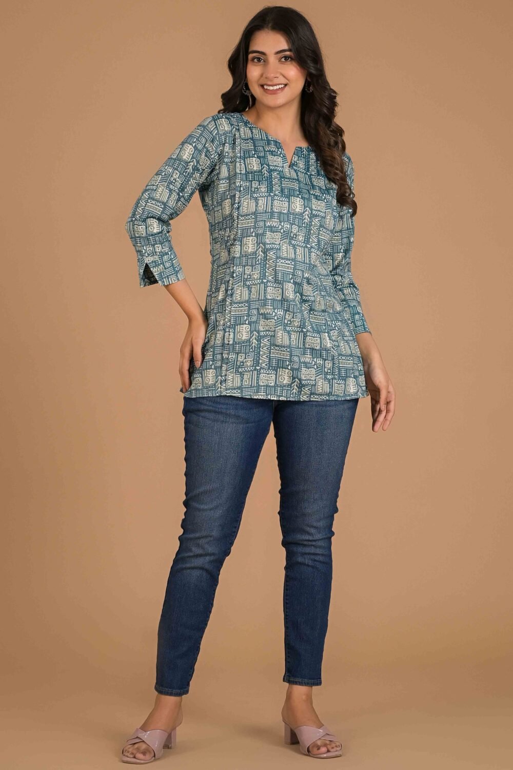 Blue Printed Pure Cotton Straight Top - Image 8