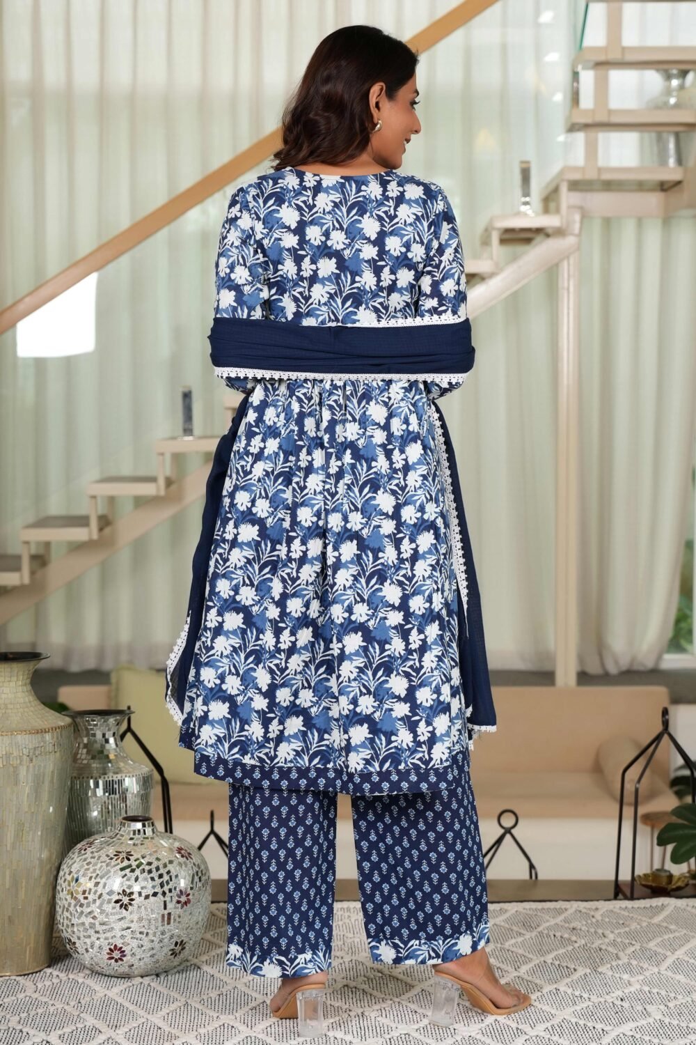 Dark Blue Anarkali Salwar Suit Featuring Floral Prints on Pure Cotton - Image 6
