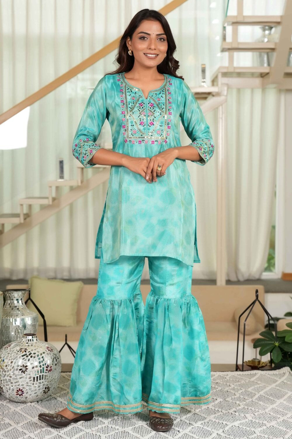 Turquoise Embroidered Organza Sharara Set with Delicate Floral Sequins - Image 6