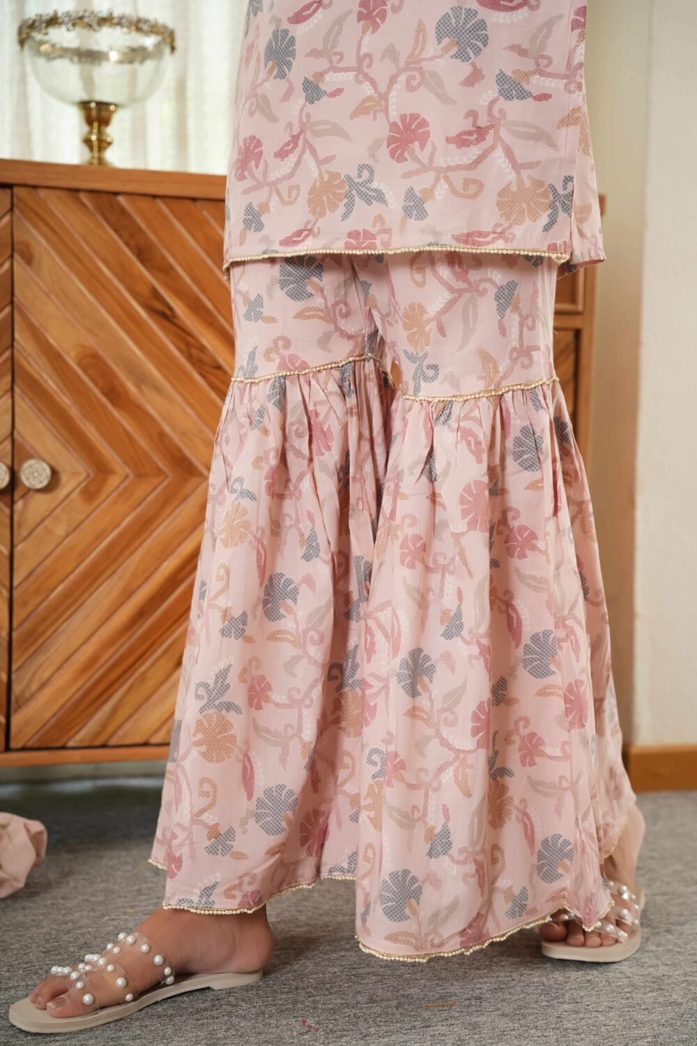 Elegant Baby Pink Floral Printed Pure Cotton Sharara Suit for Festive Charm - Image 6
