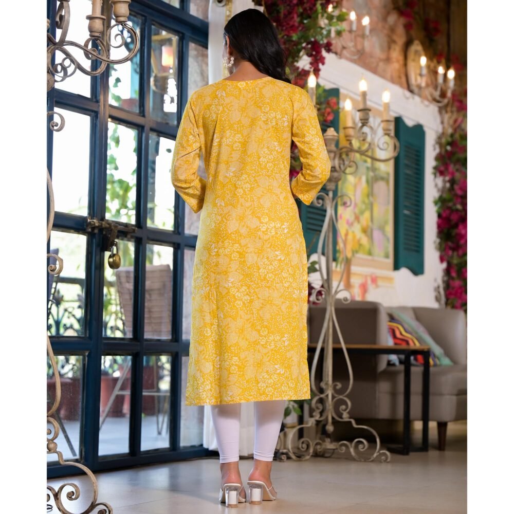 Yellow Floral Printed Pure Cotton Straight Kurti - Image 6