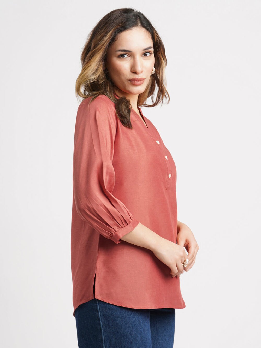 Red Solid Poly Chinon Straight Top - Image 6