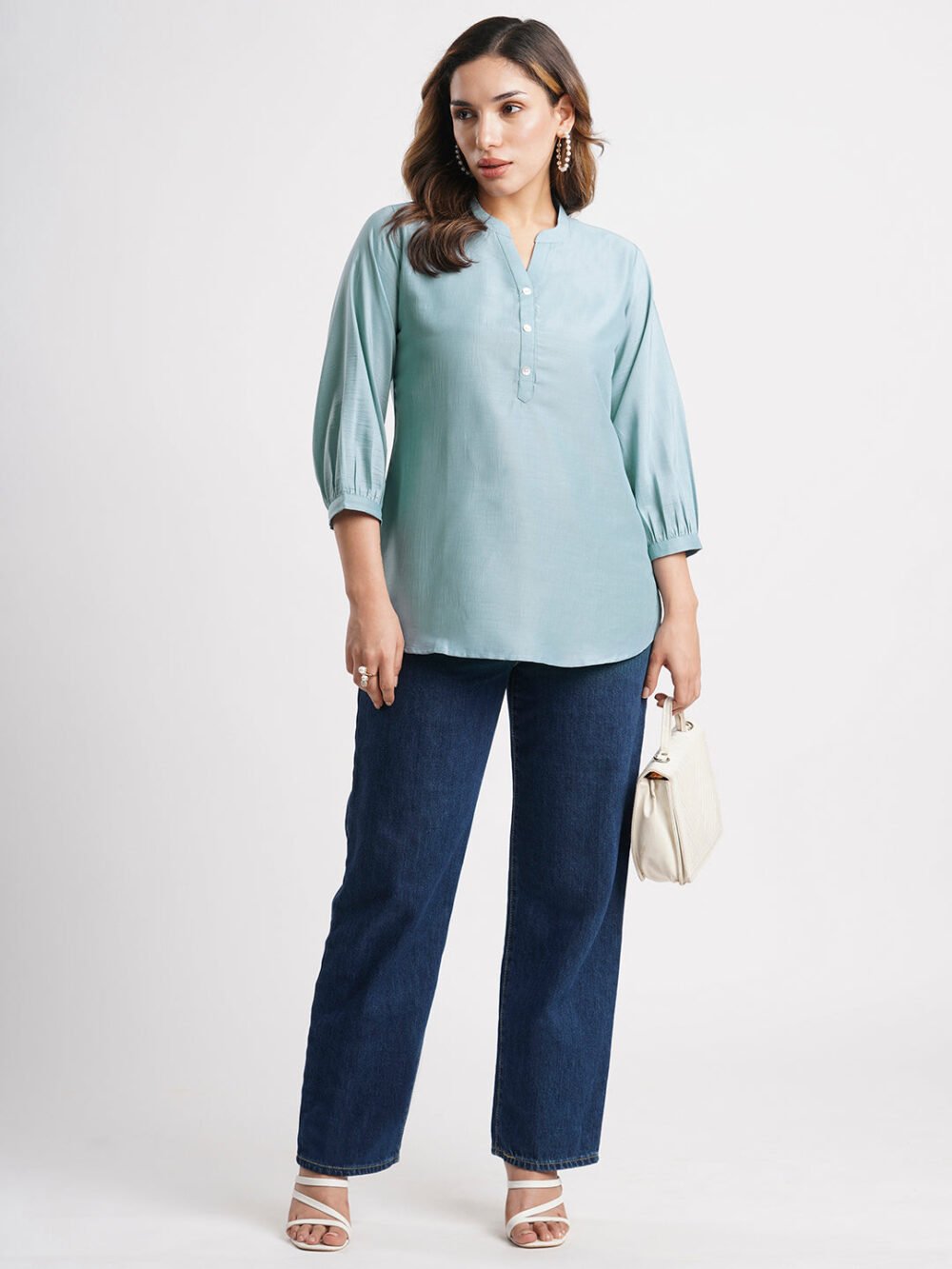 Sky Blue Solid Poly Chinon Straight Top - Image 6
