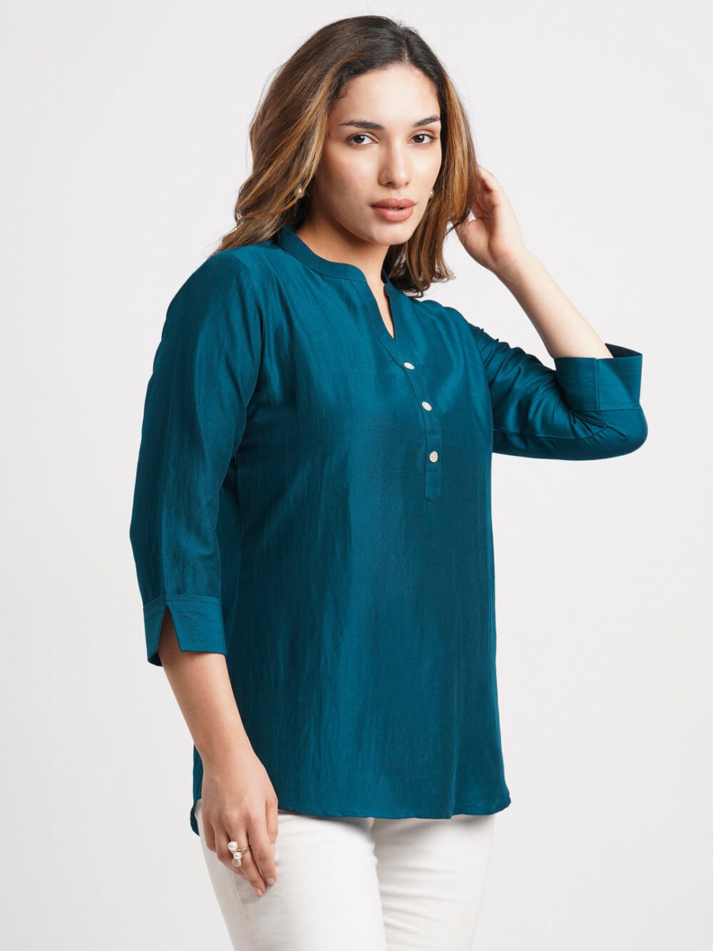Teal Solid Poly Chinon Straight Top - Image 6