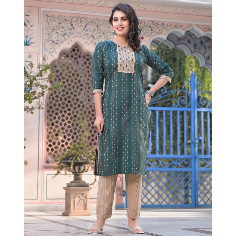 Green Woven Pure Cotton Straight Salwar Suit - Image 7
