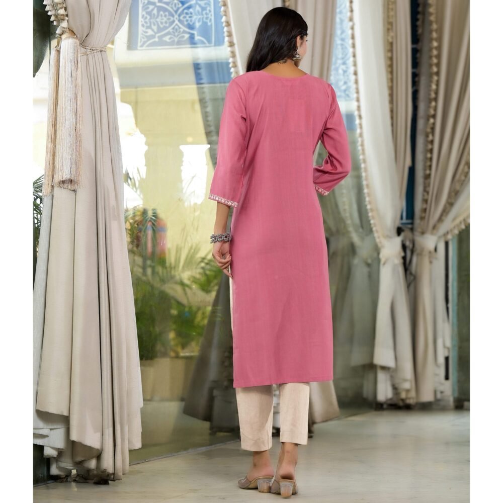 Pink Yoke Embroidered Viscose Straight Kurti - Image 6