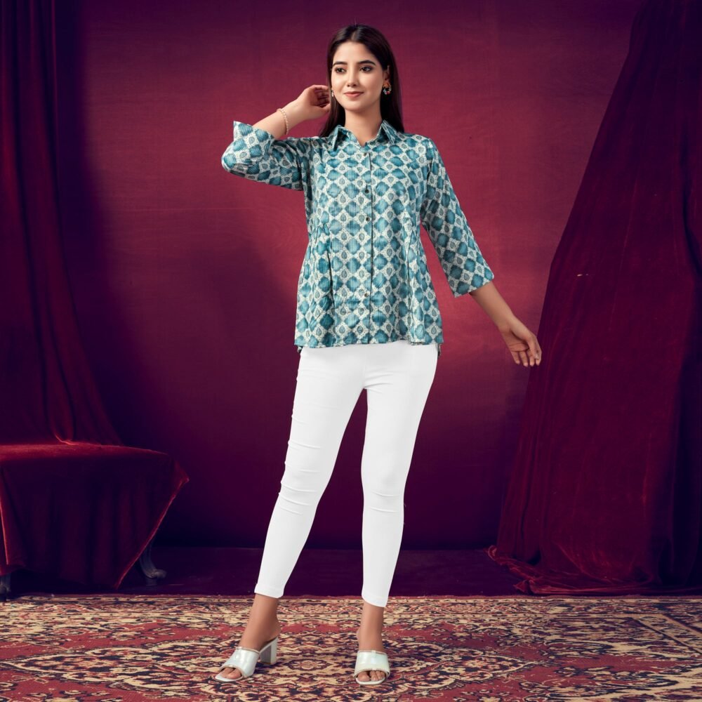 Turquoise Printed Pure Cotton Top - Image 6