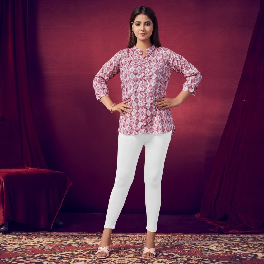 White & Pink Printed Chanderi Silk Top - Image 7