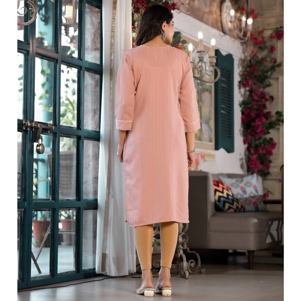Peach Striped Embroidered Rayon Straight Kurti - Image 6