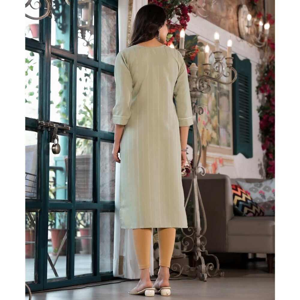 Sea Green Striped Embroidered Rayon Straight Kurti - Image 6