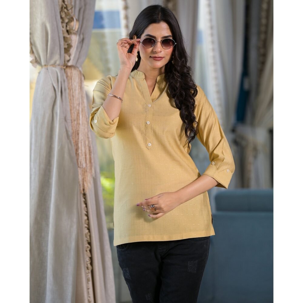 Beige Solid Cotton Silk Straight Top - Image 7
