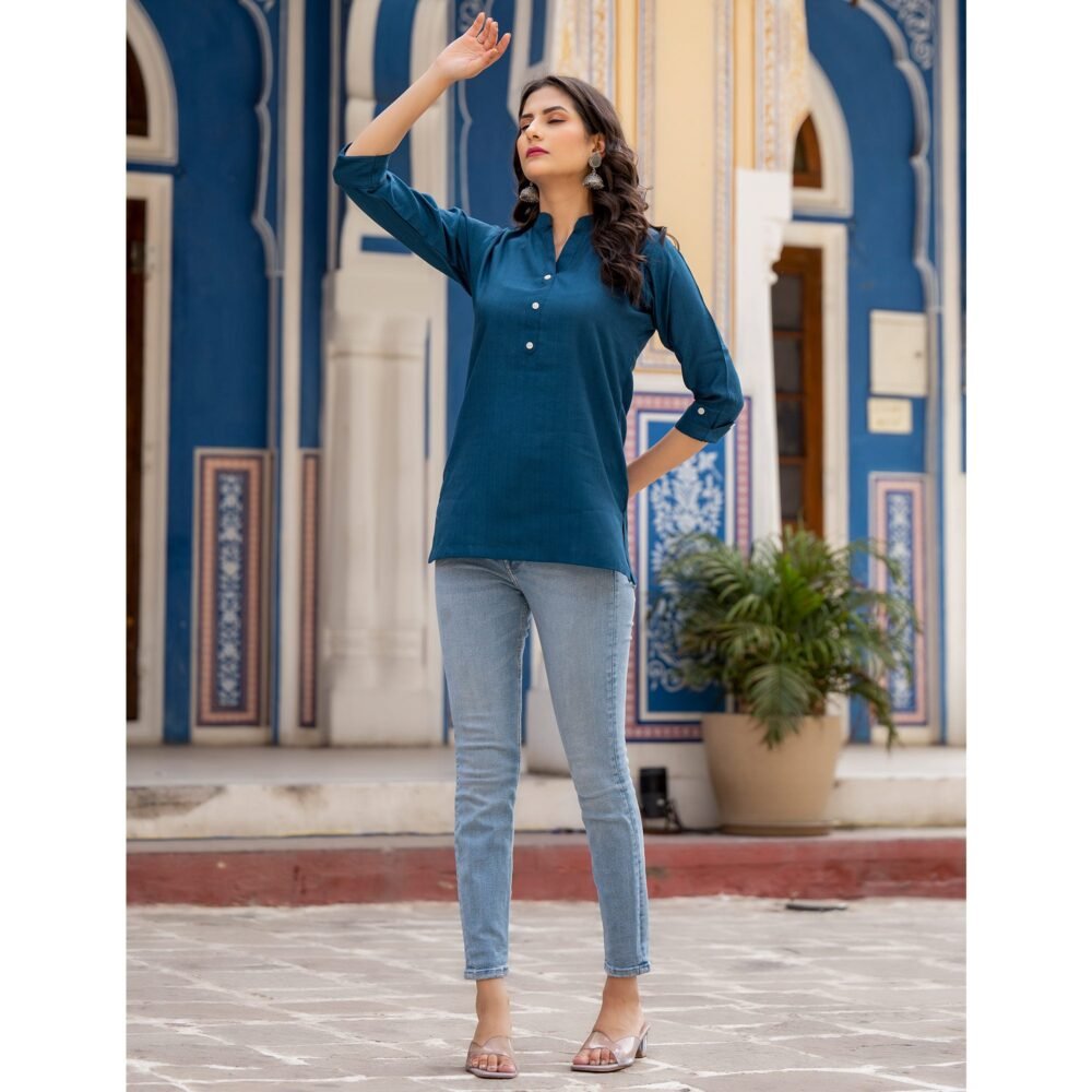 Blue Solid Cotton Silk Straight Top - Image 6