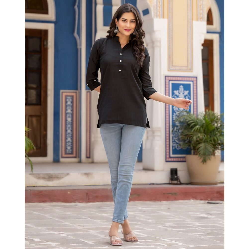 Black Solid Cotton Silk Straight Top - Image 6