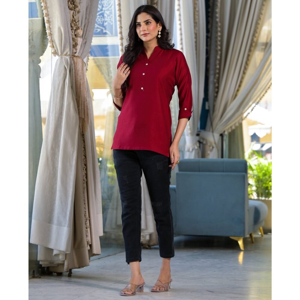Maroon Solid Cotton Silk Straight Top - Image 7