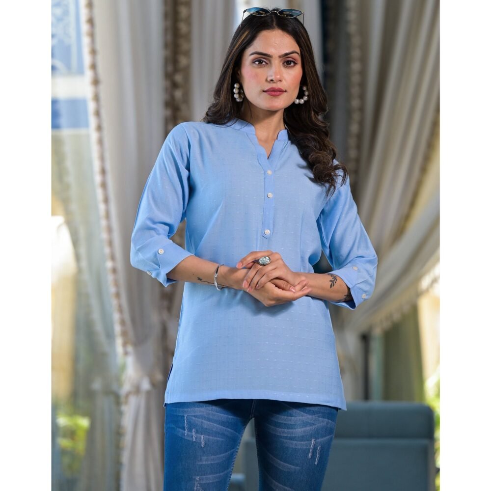 Sky Blue Solid Cotton Silk Straight Top - Image 7