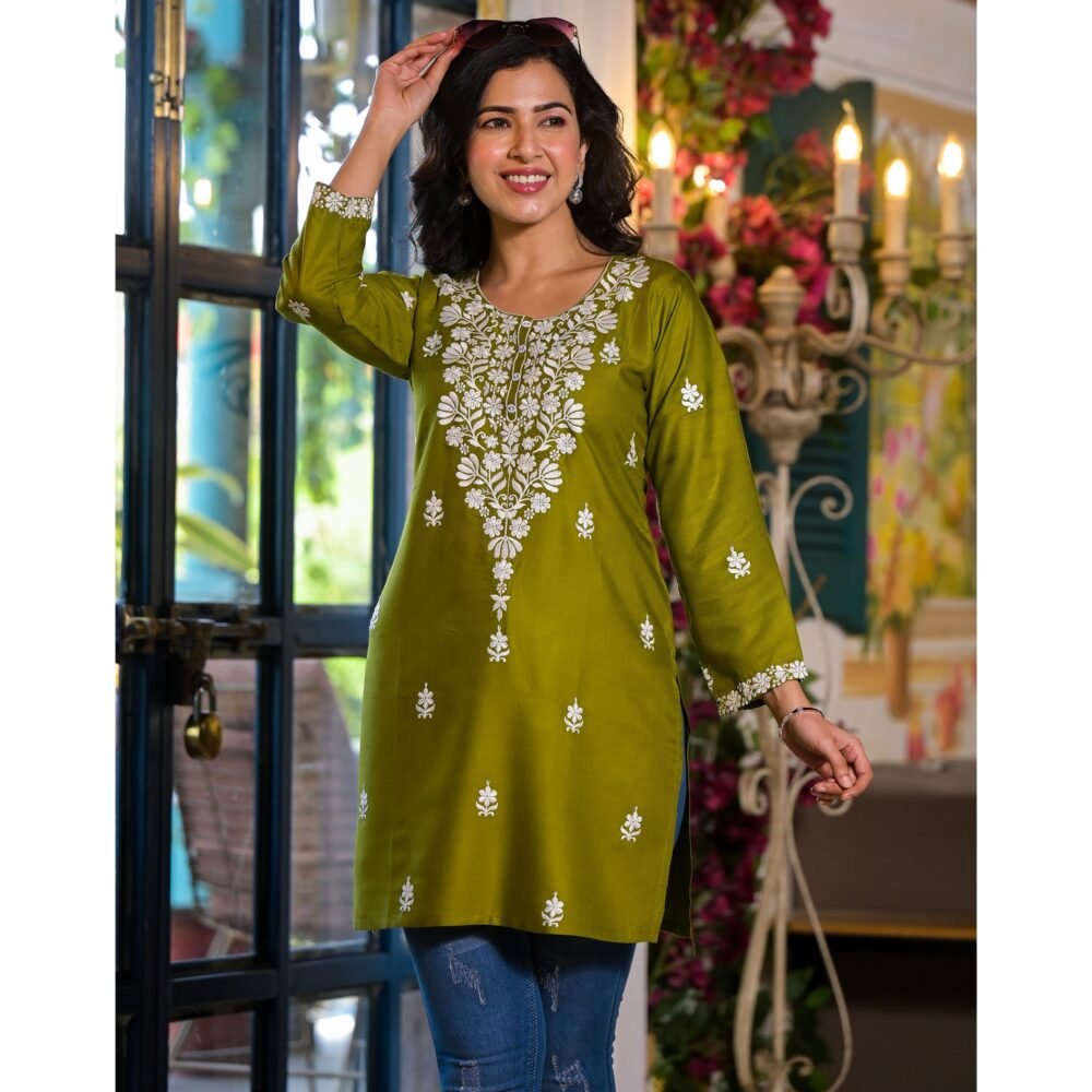 Green Embroidered Rayon Straight Top - Image 7