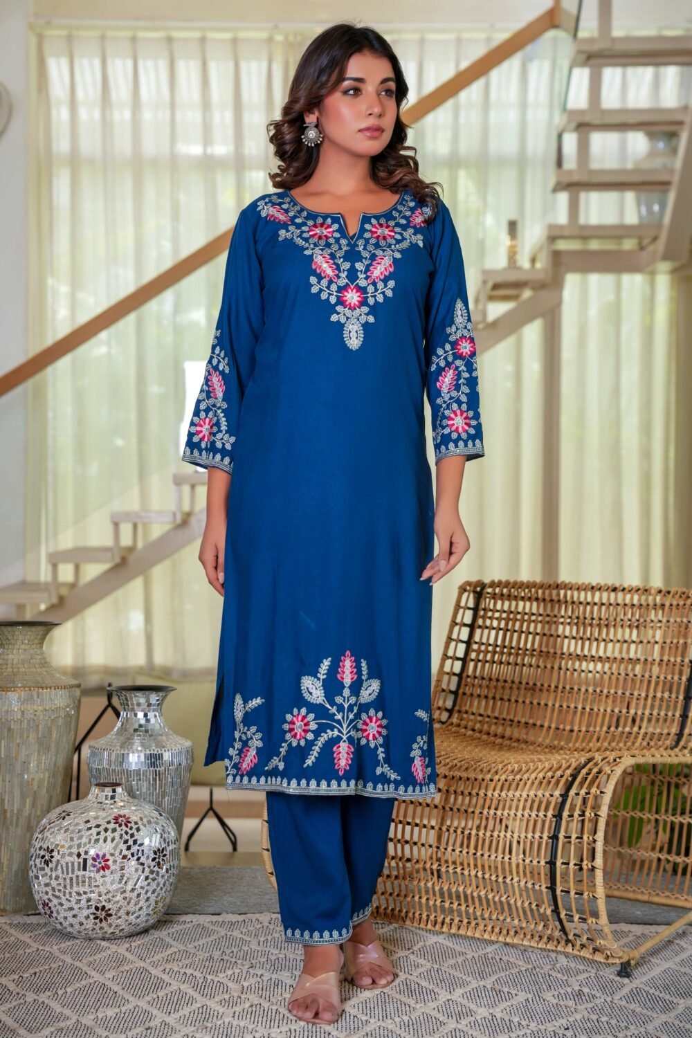 Navy Blue Heavy Viscose Rayon Straight Suit with Delicate Floral Embroidery for Graceful Style - Image 6