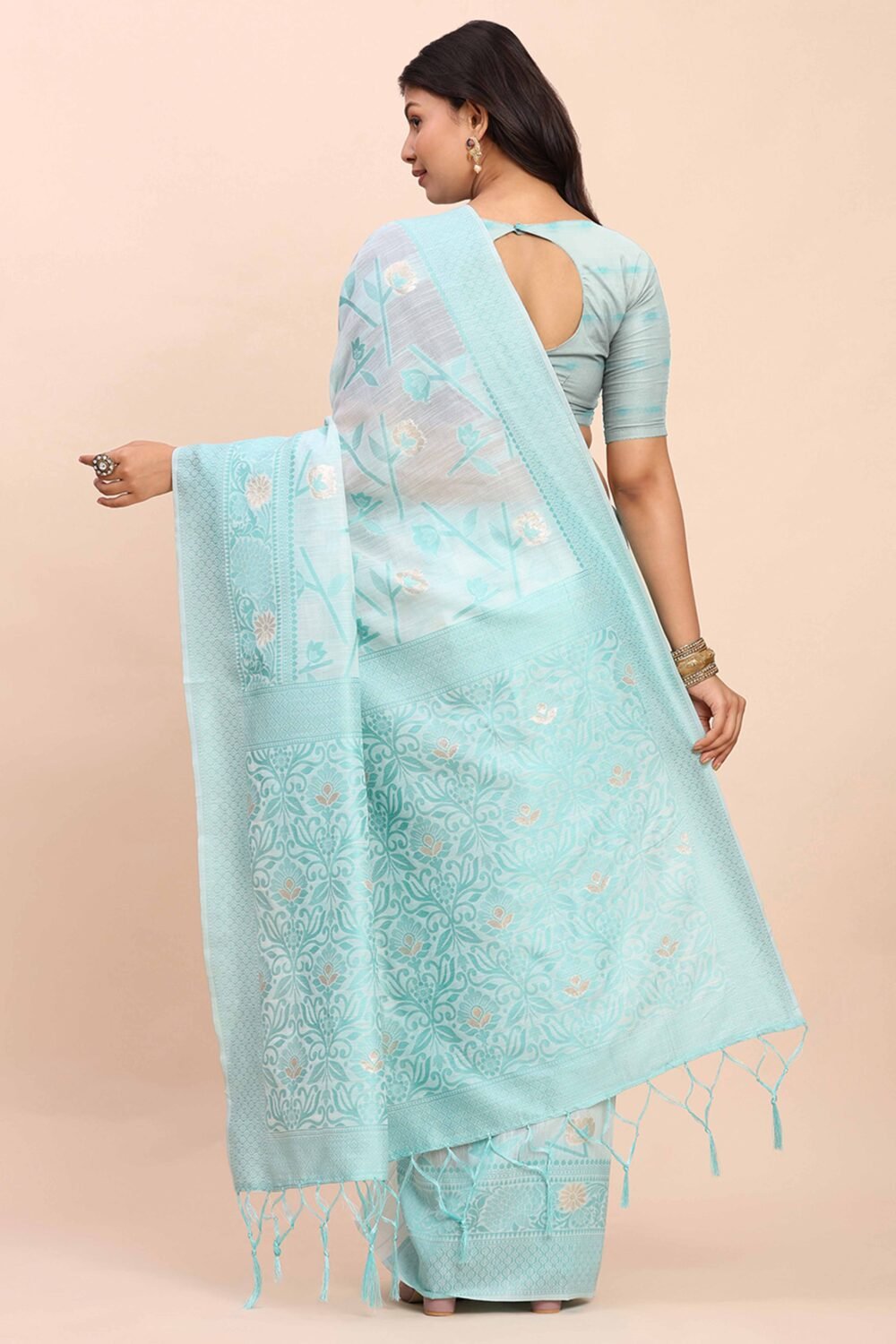 Sky Blue Floral Linen Cotton Saree Accented With Zari Weaving & Tassel Pallu Elegance - Image 4
