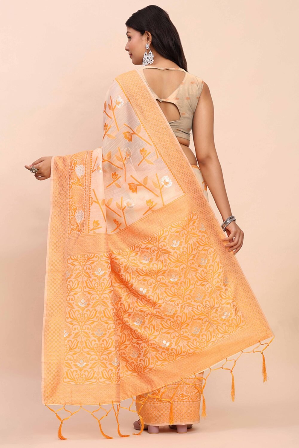 Orange Floral Linen Cotton Saree Accented With Zari Weaving & Tassel Pallu Elegance - Image 6