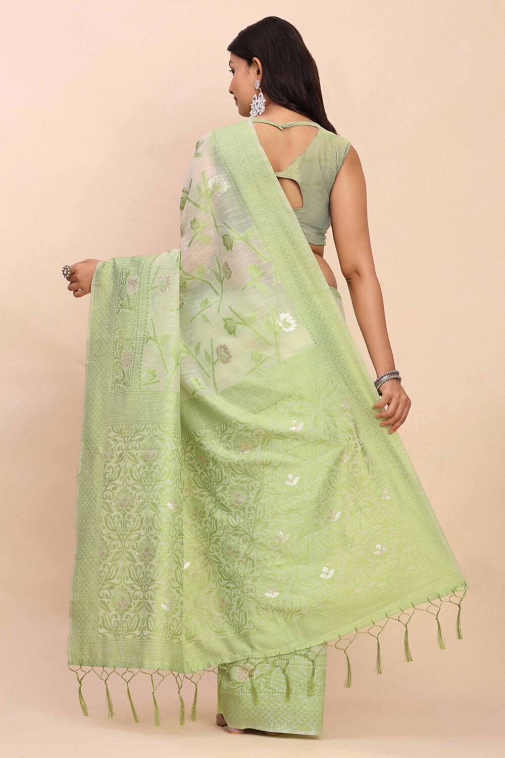 Light Green Floral Linen Cotton Saree Accented With Zari Weaving & Tassel Pallu Elegance - Image 6