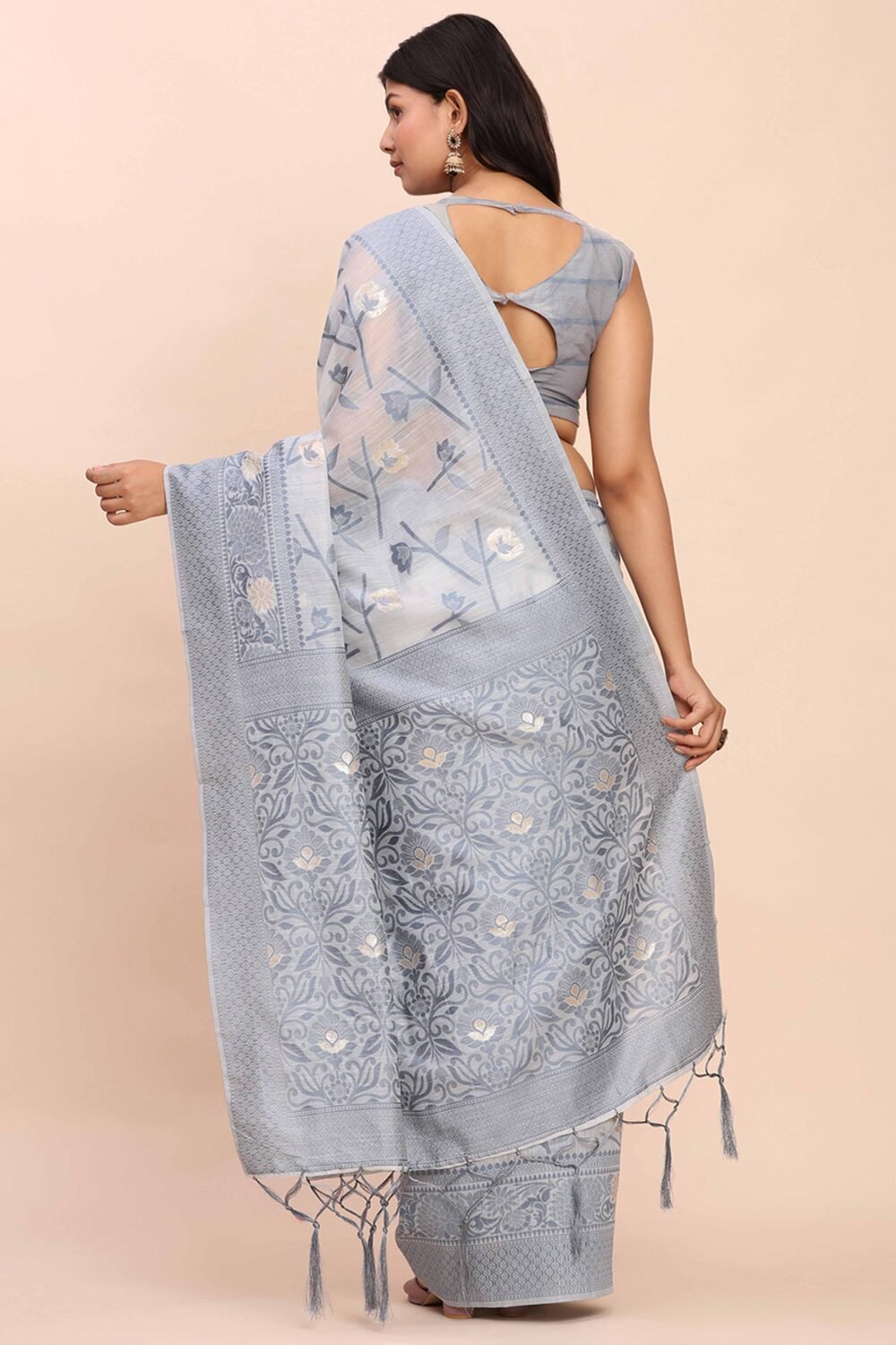 Grey Floral Linen Cotton Saree Accented With Zari Weaving & Tassel Pallu Elegance - Image 6