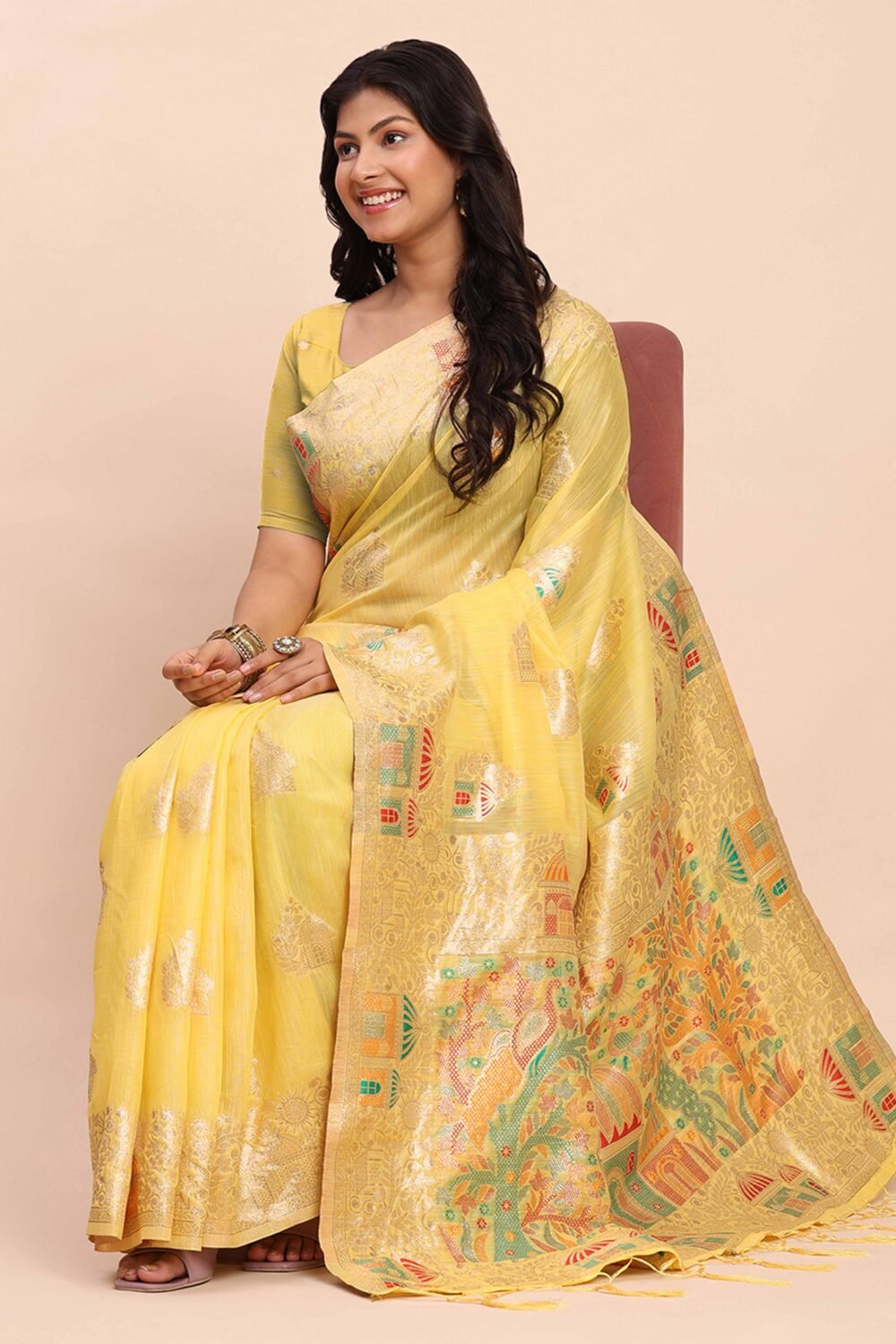 Yellow Bloom Zari Woven Linen Cotton Saree Adorned With Floral Motifs & A Tassel Finish - Image 6