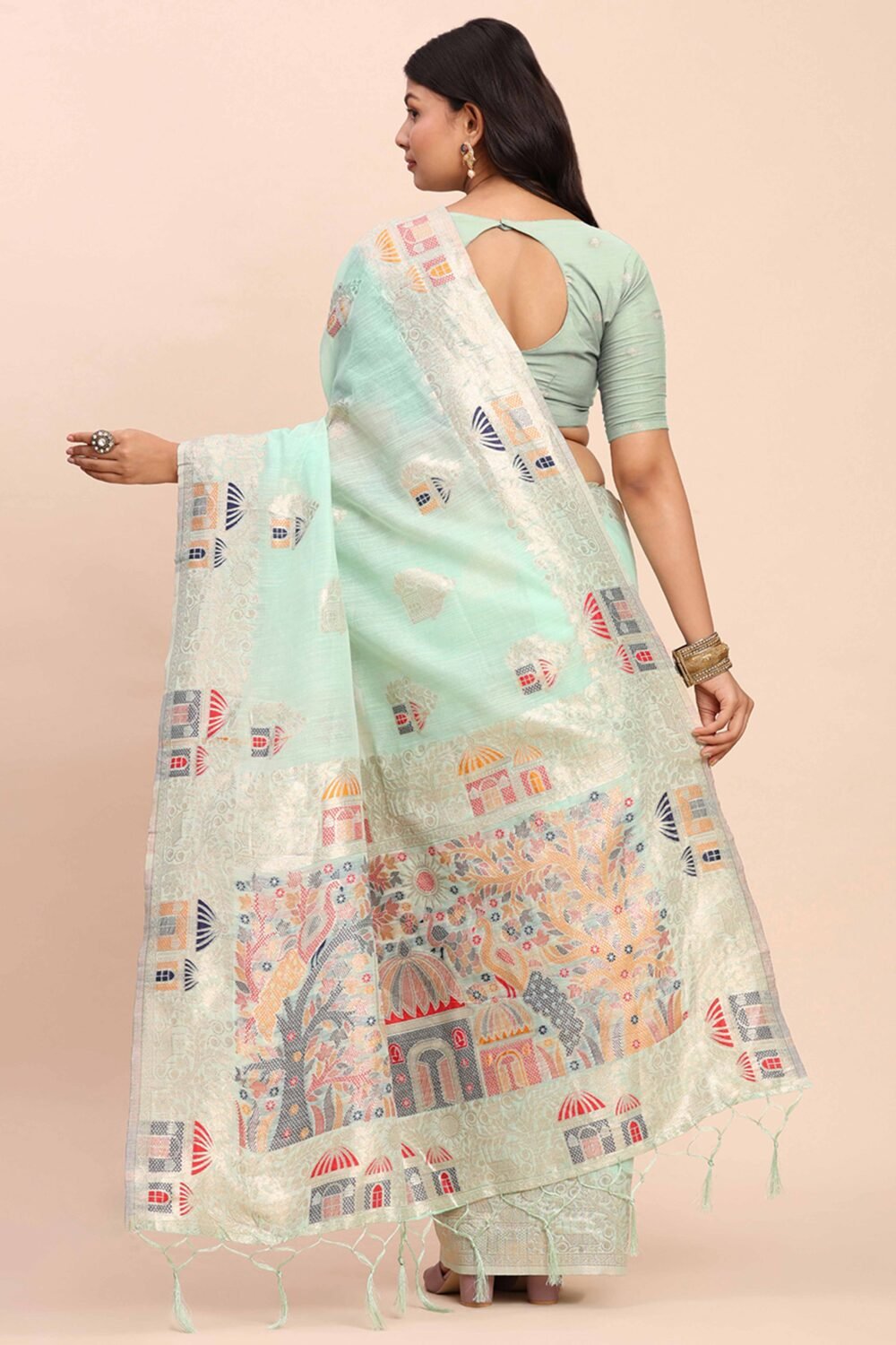 Sea Green Bloom Zari Woven Linen Cotton Saree Adorned With Floral Motifs & A Tassel Finish - Image 6