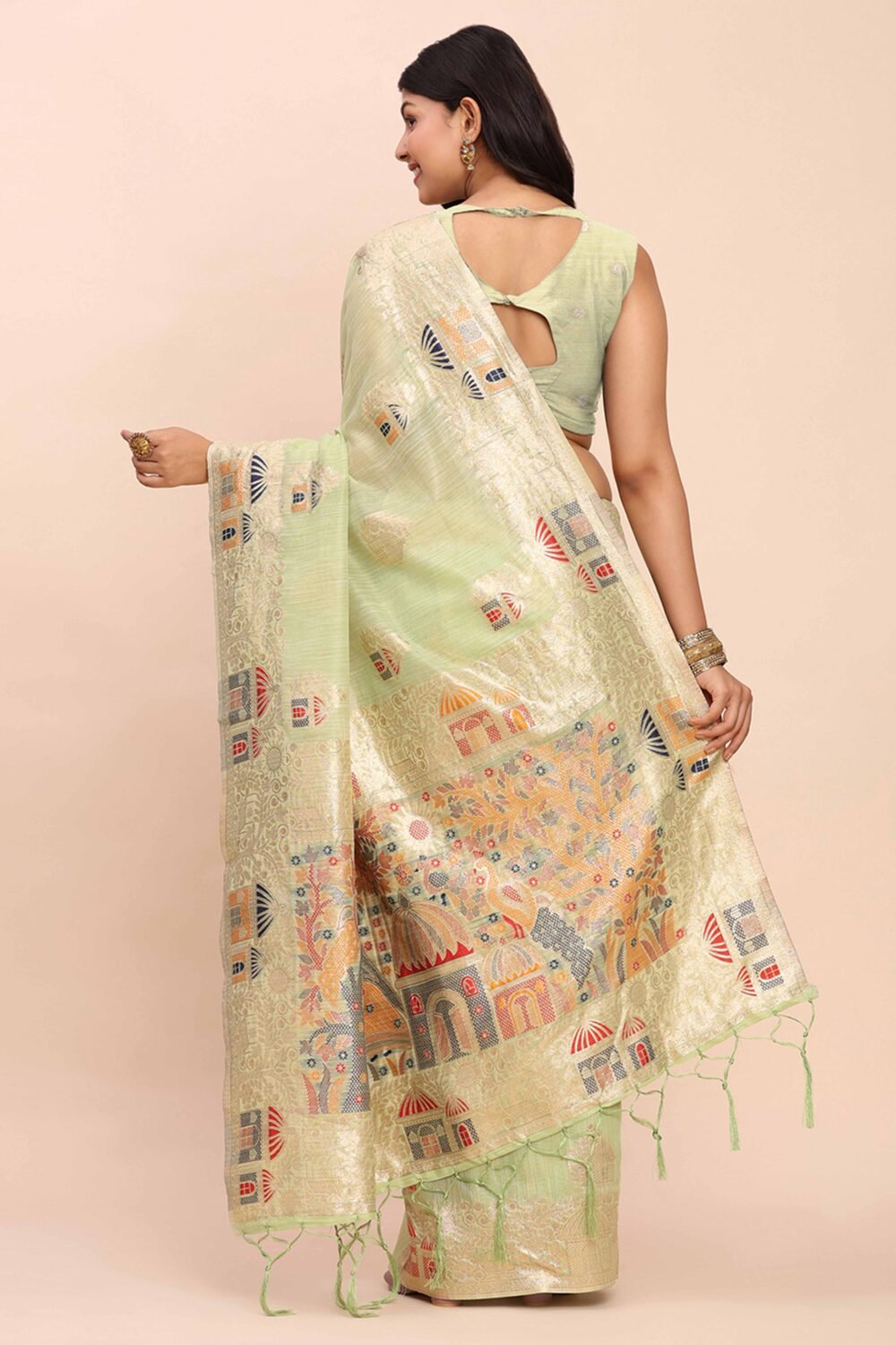 Light Green Bloom Zari Woven Linen Cotton Saree Adorned With Floral Motifs & A Tassel Finish - Image 6