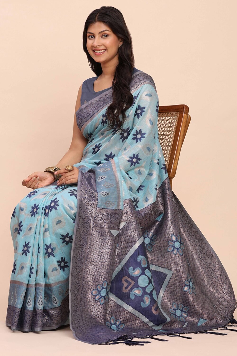 Sky Blue Patola Inspired Linen Cotton Saree Adorned With Zari Weaving & Graceful Tassel Pallu - Image 6