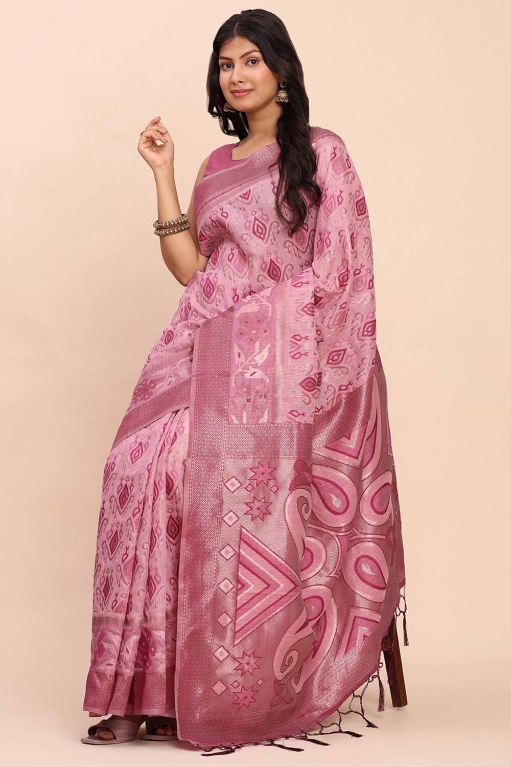 Onion Pink Patola Inspired Linen Cotton Saree Adorned With Zari Weaving & Graceful Tassel Pallu - Image 6