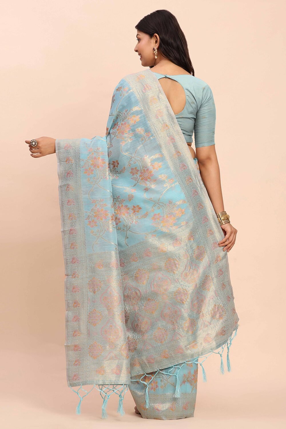 Sky Blue Linen Cotton Saree Showcasing Floral Zari Weaves & A Tasselled Finish Pallu - Image 6