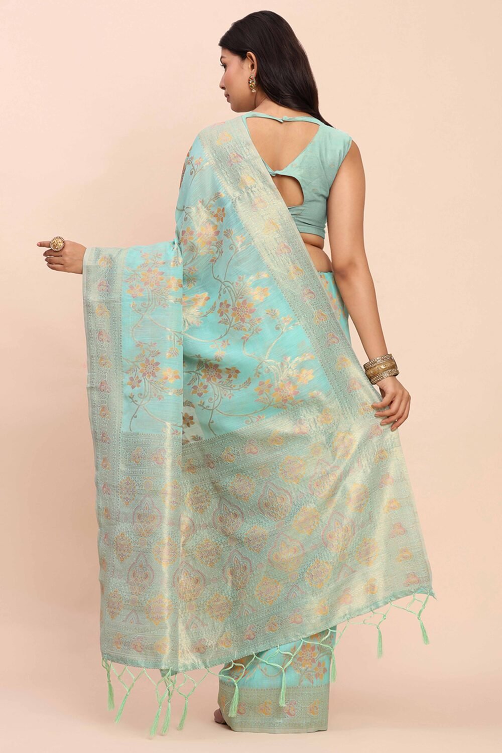 Turquoise Linen Cotton Saree Showcasing Floral Zari Weaves & A Tasselled Finish Pallu - Image 6