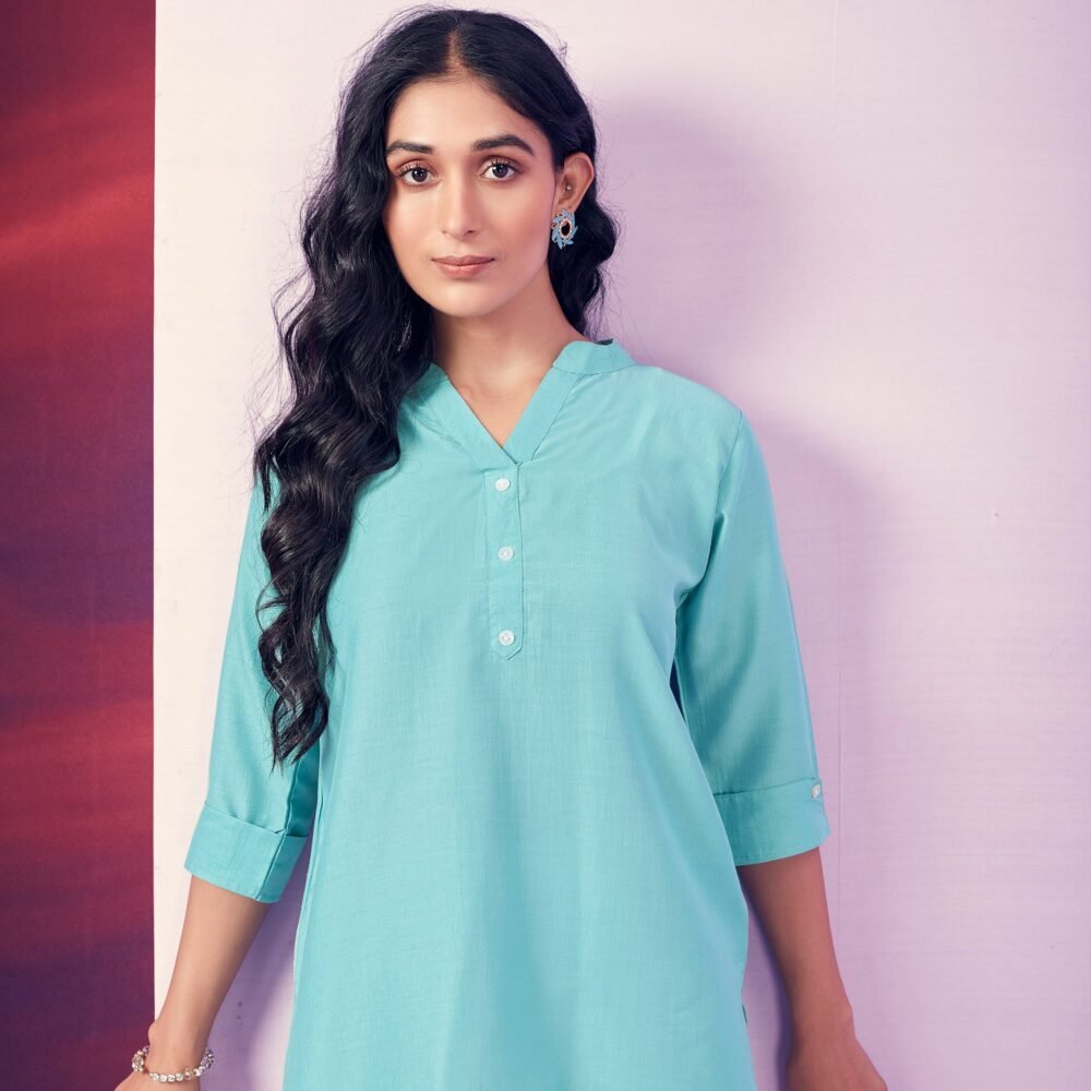 Blue Solid Cotton Blend Top - Image 5