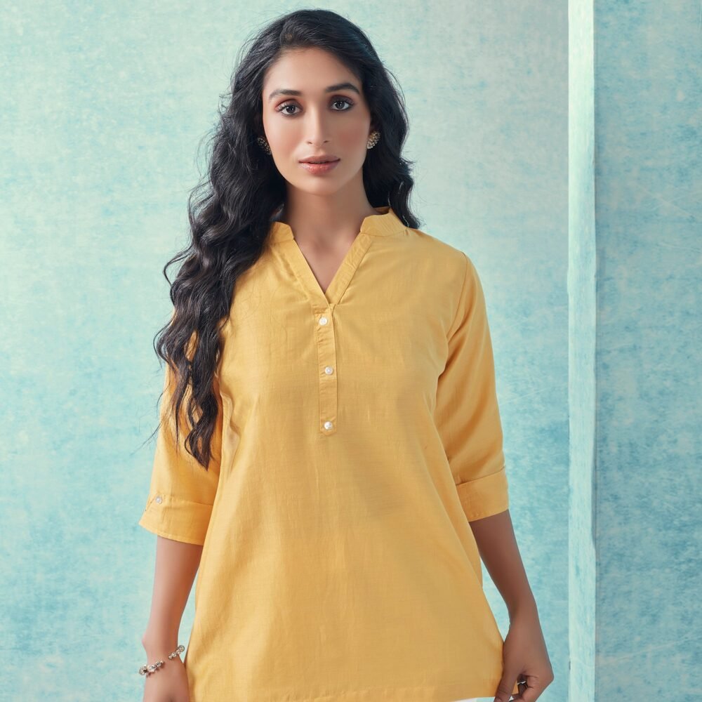 Yellow Solid Cotton Blend Top - Image 5