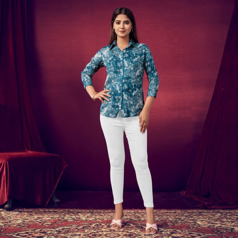 Blue Floral Foil Printed Muslin Top - Image 6
