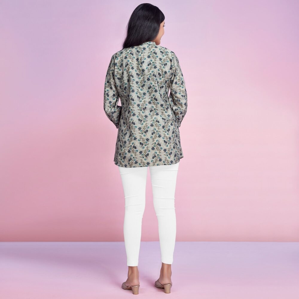 Off White & Blue Floral Foil Printed Chanderi Silk Top - Image 6